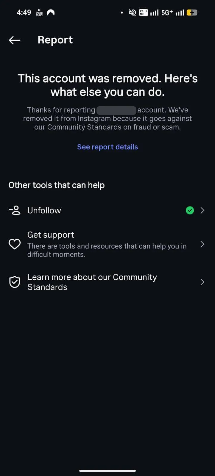 Instagram account removed for scam (names hidden)