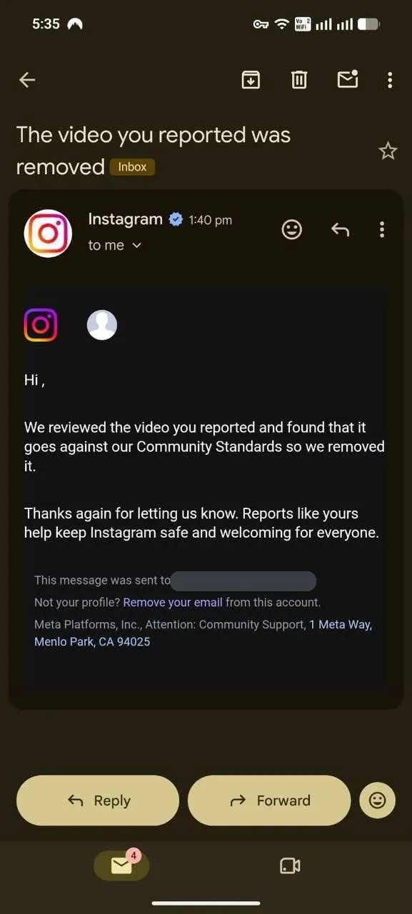 Reported Instagram video removed (names hidden)