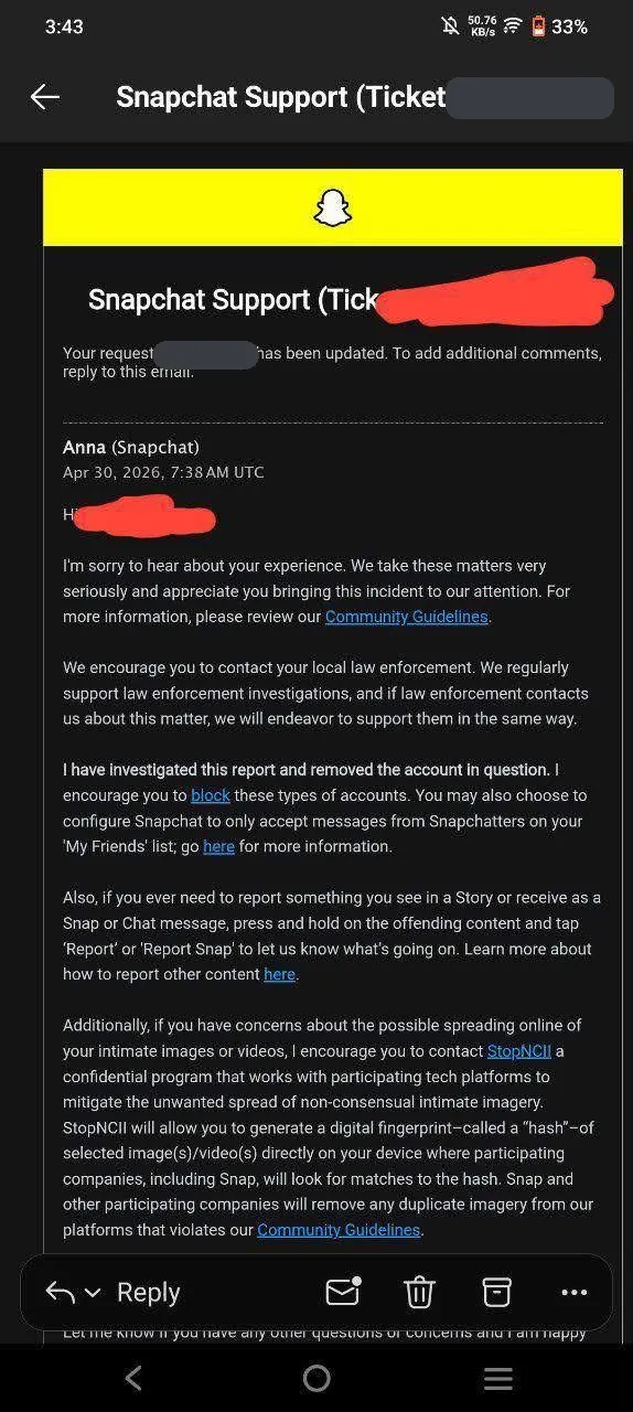 Snapchat confirms account removed (names hidden)
